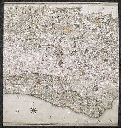 Un mapa topográfico del condado de Sussex, dividido en violaciones, decanatos y cientos. Planificado a partir de una encuesta real por una escala de una pulgada a una milla terrestre de English School
