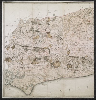 Un mapa topográfico del condado de Sussex, dividido en violaciones, decanatos y cientos. Planificado a partir de una encuesta real por una escala de una pulgada a una milla terrestre de English School