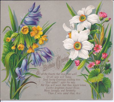 Tarjeta de cumpleaños victoriana con ramos de narcisos y campanillas, circa 1880 de English School