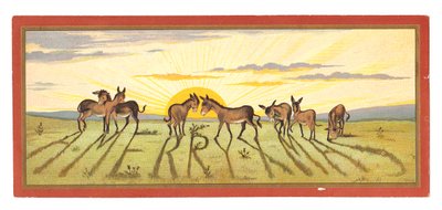 Tarjeta navideña victoriana de una puesta de sol proyectando sombras de una fila de burros que dice "Feliz Navidad", circa 1880 de English School