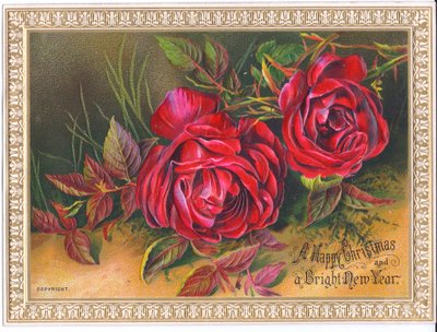 Tarjeta navideña y de Año Nuevo victoriana que representa dos grandes rosas rojas, c.1880 de English School