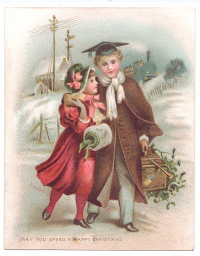 Tarjeta navideña victoriana de un niño con birrete abrazando a una niña caminando por la nieve, c.1880 de English School