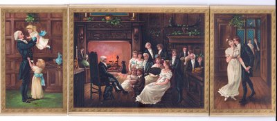 Tarjeta navideña victoriana de un padre y sus hijos, un padre contando una historia a un grupo familiar y un caballero intentando besar a una dama bajo el muérdago, c.1880 de English School