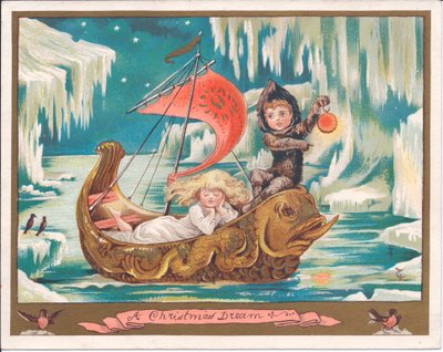 Tarjeta navideña victoriana de un hada niña dormida en un bote de delfín ornamentado en un mar congelado mientras un hada niño sostiene una lámpara, c.1880 de English School