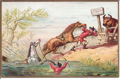 Tarjeta navideña victoriana de un caballo luchando en el agua mientras el otro es arrastrado a la orilla por su jinete, c.1880 de English School