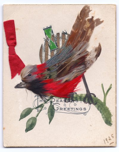 Tarjeta navideña victoriana de un petirrojo hecho de plumas de English School