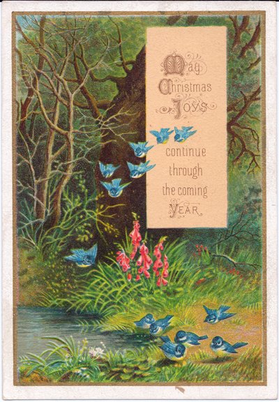 Tarjeta navideña victoriana de pájaros azules en un entorno boscoso, c.1880 de English School