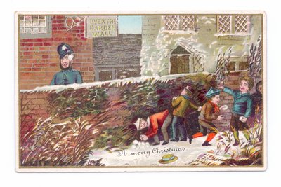 Tarjeta navideña victoriana de niños escondidos detrás de un muro de ladrillos lanzando una bola de nieve a un policía, c.1880 de English School