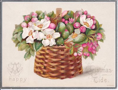 Tarjeta navideña victoriana de flores y hojas en una cesta de mimbre, c.1880 de English School
