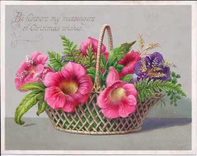 Tarjeta navideña victoriana de flores en una cesta de mimbre, c.1880 de English School