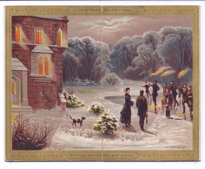 Tarjeta de Navidad Victoriana de Patinadores con Antorchas en un Lago Congelado frente a una Mansión con Espectadores y un Perro, c.1880 de English School