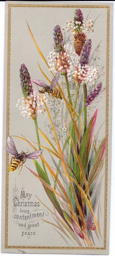 Tarjeta navideña victoriana de dos abejas entre hierbas altas, c.1880 de English School
