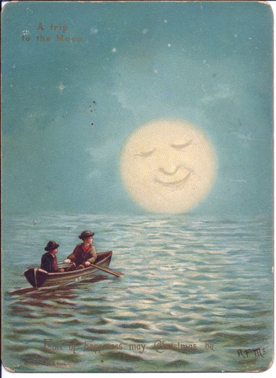 Tarjeta navideña victoriana de dos niños en un bote de remos en una noche de luna, c.1880 (litografía en color) de English School