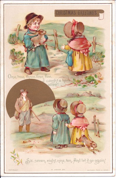 Tarjeta navideña victoriana de dos niños con una liebre, c.1880 de English School