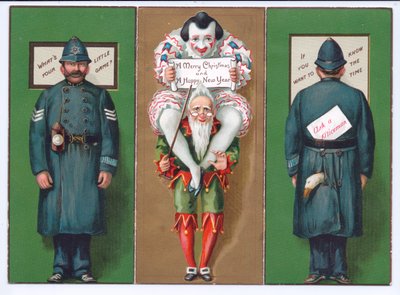 Una tarjeta navideña victoriana con un bufón, un payaso y un policía, c.1880 de English School