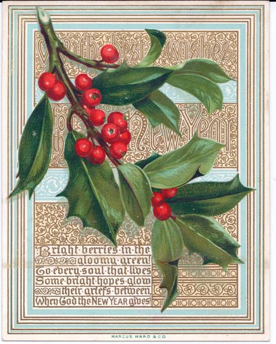 Una tarjeta de Navidad victoriana con un ramo de acebo cubriendo un verso. Publicado por Marcus Ward, c.1880 de English School