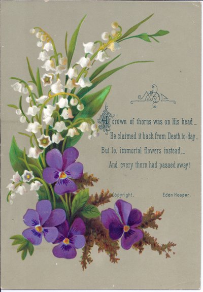 Tarjeta de felicitación victoriana de violetas y campanillas de invierno, circa 1880 de English School