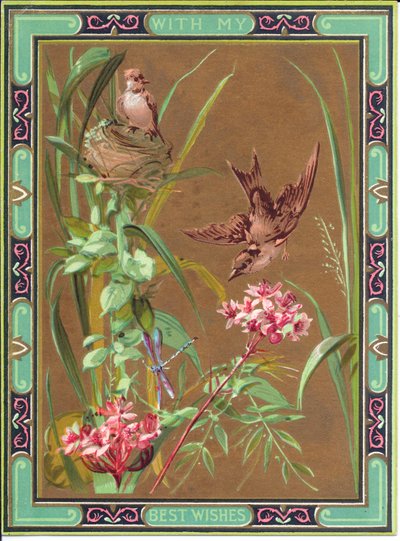 Tarjeta de felicitación victoriana de un pájaro persiguiendo una libélula y un pájaro en su nido, circa 1880 de English School