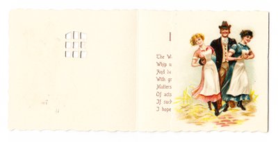 Tarjeta de felicitación victoriana de un caballero con dos sirvientas, circa 1880 de English School