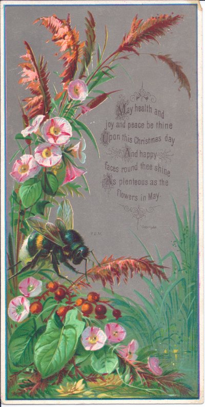 Tarjeta de Año Nuevo victoriana de una abeja sobrevolando flores, circa 1880 de English School