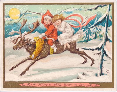 Tarjeta de Año Nuevo victoriana de un hada niña y un hada niño montados en un reno en una noche nevada de luna, c.1880 de English School