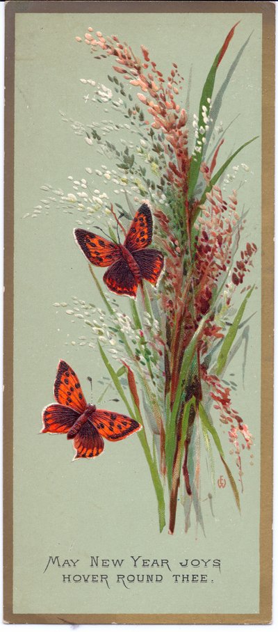 Tarjeta de Año Nuevo victoriana de dos mariposas entre hierbas altas, c.1880 de English School