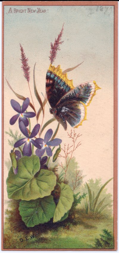 Una tarjeta de Año Nuevo victoriana de violetas y una mariposa, c.1880 de English School