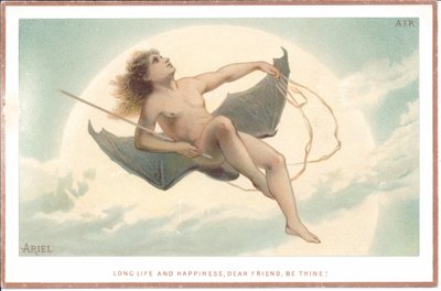 Tarjeta victoriana de un hombre desnudo sosteniendo una vara y sentado en un par de enormes alas de murciélago volando a través de las nubes, c.1880 de English School