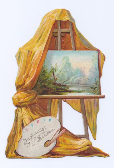 Tarjeta victoriana con forma troquelada de un cuadro sobre un caballete de artista con un drapeado encima, c.1880 (litografía en color). de English School