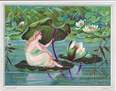 Tarjeta de felicitación victoriana de un hada navegando en un arroyo sobre una hoja de loto con una hoja de lirio como dosel, c.1880 de English School