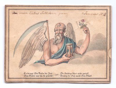 Tarjeta de felicitación victoriana de la Parca con una guadaña y un reloj de arena sosteniendo una rosa, c.1815 de English School