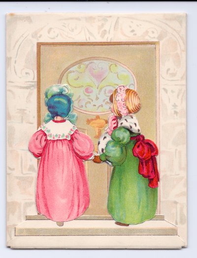 Tarjeta de felicitación victoriana de dos niños con sombreros a punto de entrar por una puerta principal, c.1880 de English School
