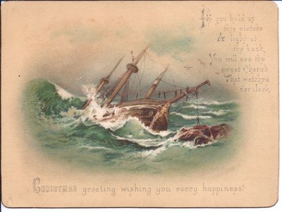 Tarjeta navideña victoriana de un barco en mares agitados. Cuando se sostiene frente a una fuente de luz, aparece un ángel guardián, circa 1898 de English School