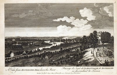 Una vista desde Richmond Hill hacia el río, impreso para Robert Sayer Map y Printseller, Fleet Street de English School