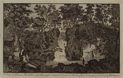 Una vista en Craven, Yorkshire, de una hermosa cascada natural en Bolton Park perteneciente a Ye Late Earl of Burlington (grabado) de English School