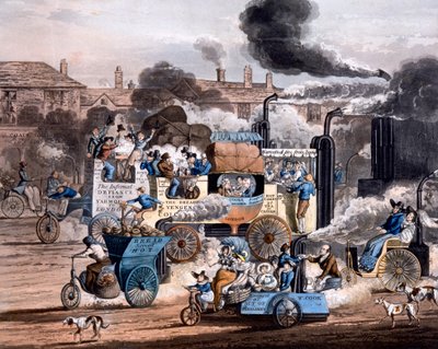 Una vista en White Chapel Road 1830, de La Progresión del Vapor - Ilustración de la Profecía Moderna de Aikens 1828 de English School