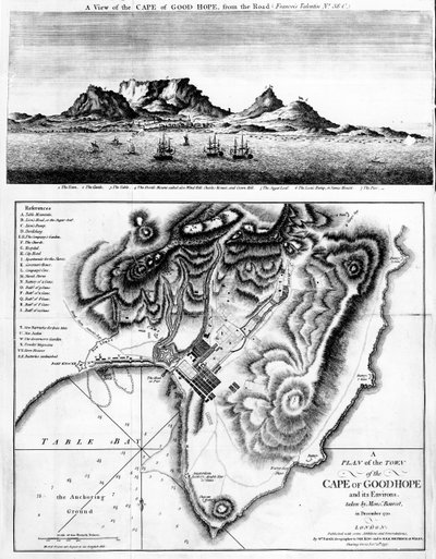 Vista del Cabo de Buena Esperanza y un plano de la ciudad del Cabo de Buena Esperanza y sus alrededores, publicado en 1795 de English School