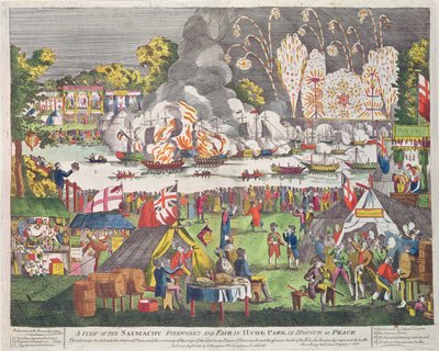 Vista de la Naumaquia, Fuegos Artificiales y Feria en Hyde Park en Honor de la Paz, publicado por G. Thompson, 1814 de English School