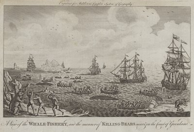 Vista de la pesca de ballenas y la manera de matar osos cerca y en la costa de Groenlandia de English School