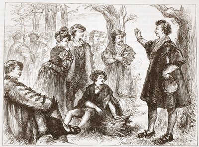 Un estudiante de Wittemberg predicando en el Prado de los Tilos, ilustración de La Historia del Protestantismo de James Aitken Wylie, pub. 1878 de English School