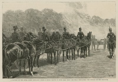 Una batería de la Artillería a Caballo Real disparando un saludo real en Hyde Park cuando las campanas proclamaron la apertura del Instituto Imperial de English School