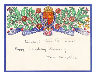 Telegrama de felicitación de cumpleaños, c.1942 de English School