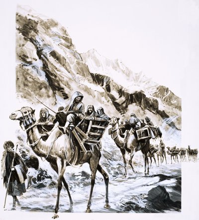 Un tren de camellos viaja por el Paso Khyber de English School