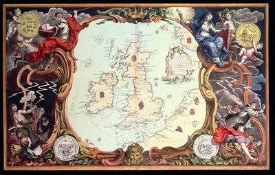 Un gráfico que muestra los varios lugares de acción entre las flotas inglesa y española, con los lugares donde varios de los barcos españoles fueron destruidos en su regreso a España, publicado en 1739, por John Pine (grabado a mano) de English School