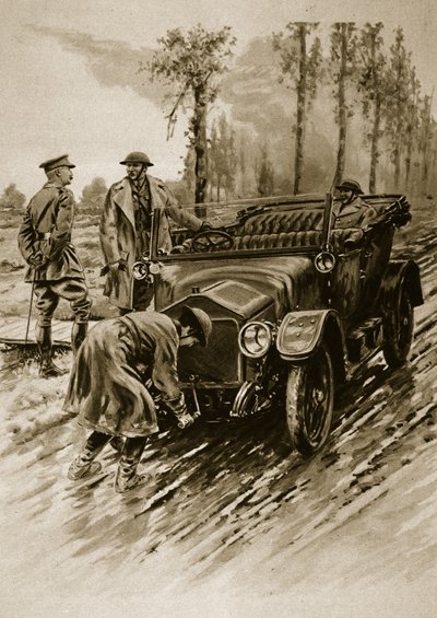 Un chófer del Cuerpo Auxiliar del Ejército de Mujeres arrancando el motor de un coche de oficiales, 1914-19 de English School