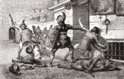 Un combate entre gladiadores en la antigua Roma, de la Historia Ilustrada del Mundo de Ward y Lock, pub. c.1882 de English School