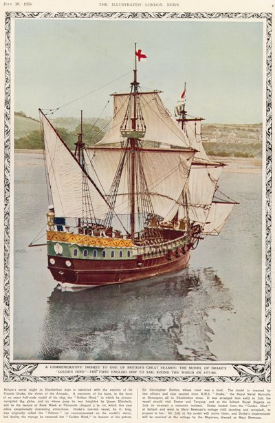 Un tributo conmemorativo a uno de los grandes marineros de Gran Bretaña: el modelo del Golden Hind de Drake, el primer barco inglés en dar la vuelta al mundo en 1577-80, de The Illustrated London News Royal Naval and Military Review Number de English School