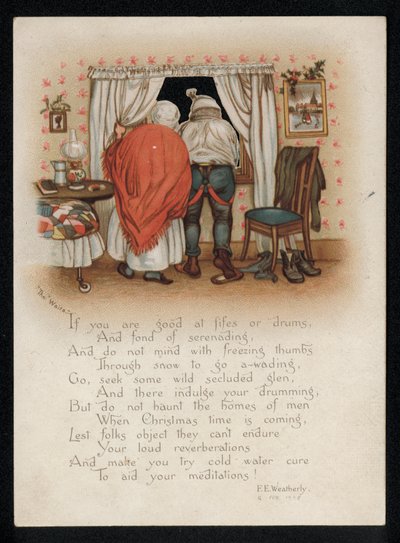 Una pareja objetando a los cantantes de villancicos fuera de su ventana, tarjeta de felicitación de Navidad. de English School