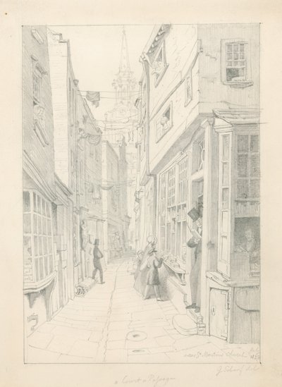 Un patio o pasaje cerca de la Iglesia de St Martins, Londres, julio 1828 de English School