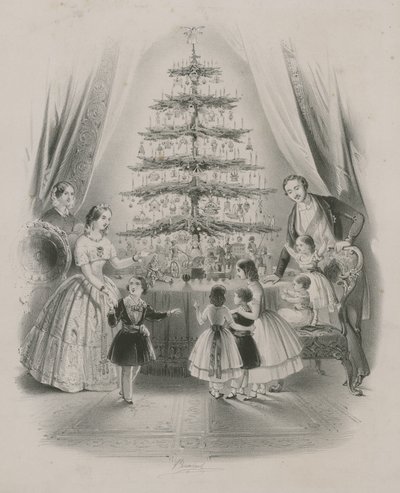 Una familia alrededor de un árbol de Navidad de English School